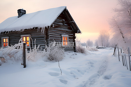 冬日雪地的小屋图片