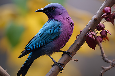 蓝紫色的小鸟停在树枝上图片