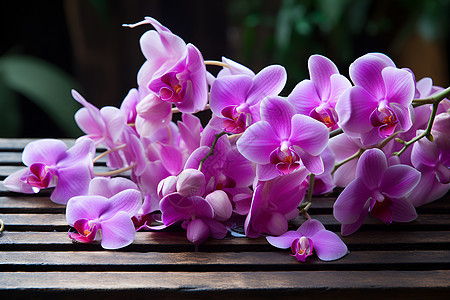 紫色花束在木桌上图片