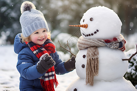 一个可爱的小女孩在雪地里造雪人图片