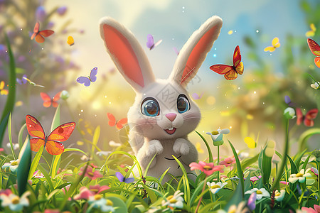 草地上的兔子与蝴蝶相伴图片