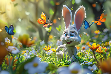 繁花与蝴蝶的田野有一只兔子图片