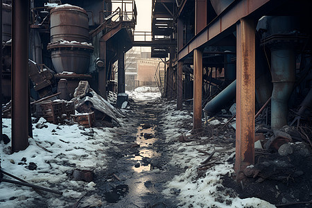 雪地上的工厂废墟图片