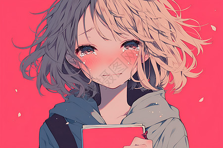少女抱着书本哭泣图片