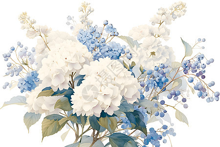 白色花束上结满蓝色果实图片