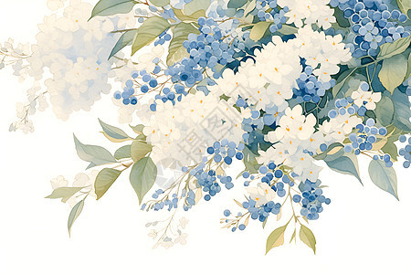 盛开的白色花朵与蓝莓果实图片
