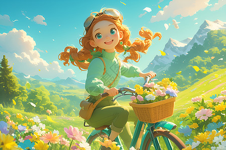 花海中骑自行车的少女图片