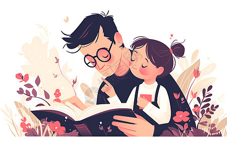 女孩和父亲一起读书图片