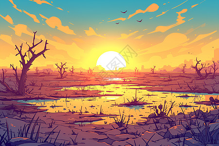 日落时分的沼泽湿地图片