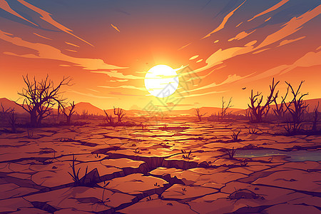 夕阳余晖下的干裂沙漠图片