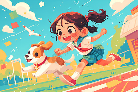 小狗和女孩奔跑图片