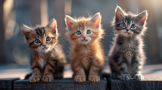 三只小猫坐在木板上图片
