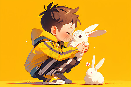 男孩抱着小白兔图片