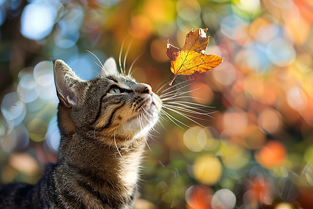 猫仰望着飞舞的叶子图片