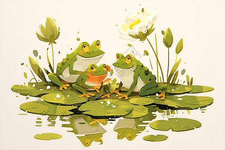 水中的莲叶上的三只绿色青蛙图片
