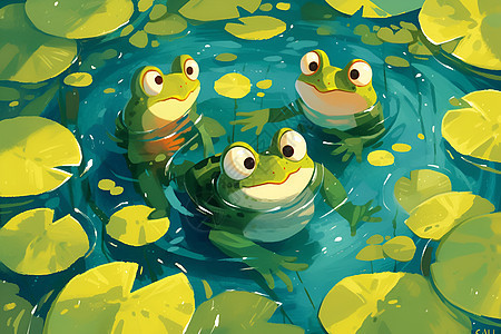 水塘中的三只绿色青蛙图片