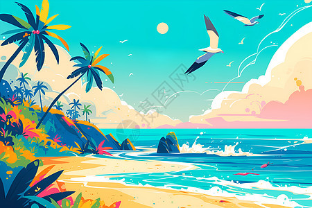 绚丽阳光海滩和棕榈树图片