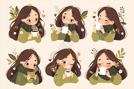 可爱卡通女孩在咖啡中沉浸图片
