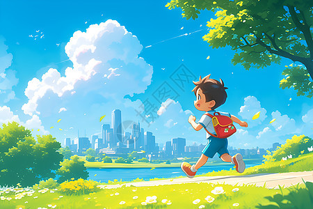 可爱男孩在郁郁葱葱的草地上奔跑图片