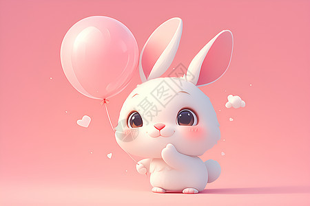 兔子举着粉色圆形气球图片