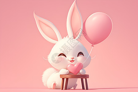 粉色背景中的兔子捧着心形气球图片