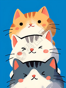 三只卡通猫咪堆叠在蓝色背景下的简单扁平插图图片