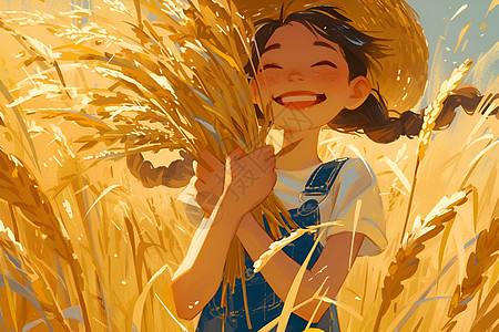 稻田中的稻草帽女孩图片