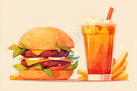 美味的汉堡和果汁图片