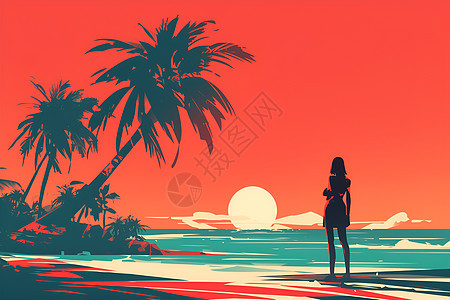 夕阳下的女人在海滩上图片