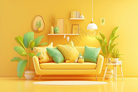 黄色沙发旁的盆栽图片