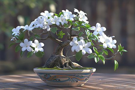 盆栽树上有白色花朵图片