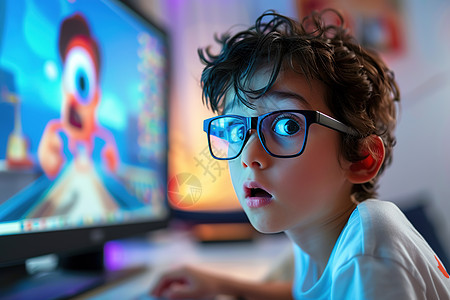 小男孩戴着眼镜盯着电脑屏幕图片