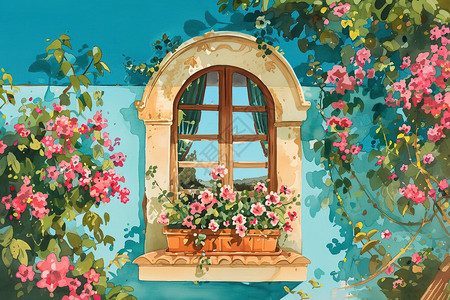 窗前的花卉与蓝墙图片