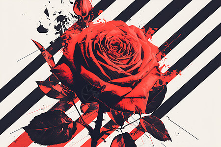 红玫瑰在黑白条纹背景上图片