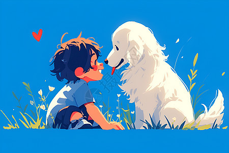 少年与小白犬图片