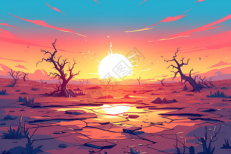 日落下的沙漠湖景棵灌木图片