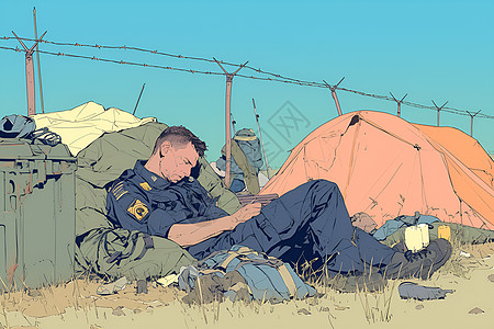 士兵在草地上休息图片