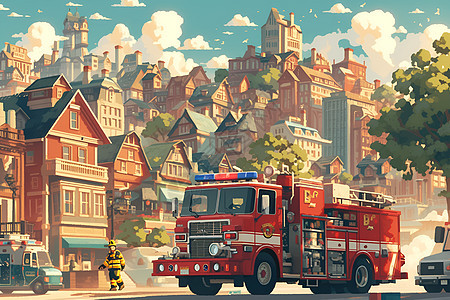 街道中的消防车插图图片