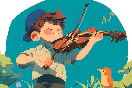 小男孩在花草丛中弹奏小提琴图片