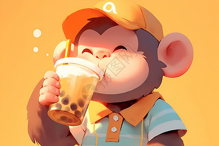 可爱猴子喝奶茶图片
