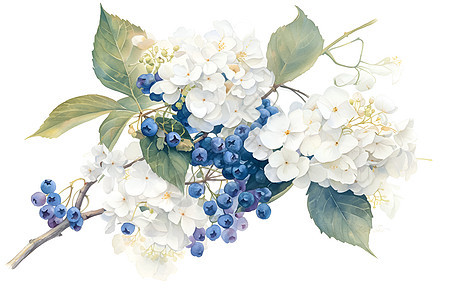 娇嫩白花下的蓝莓图片