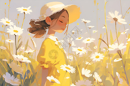 小女孩穿着黄色衣服在白色雏菊中图片