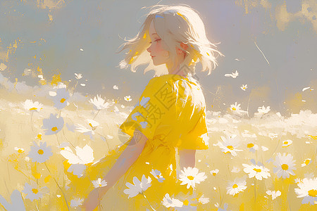 黄裙走在白色雏菊之间图片
