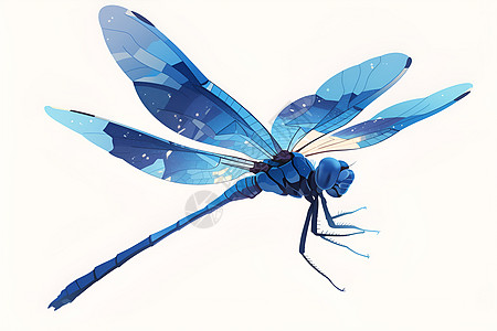 蓝色蜻蜓飞翔于白色背景图片