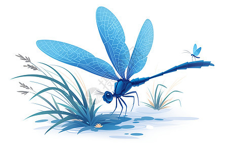 蓝色蜻蜓飞过水草图片