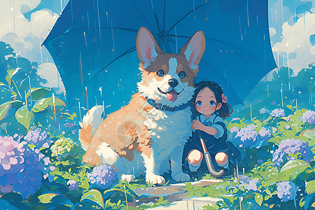 在雨中的一个小女孩和她的狗狗图片