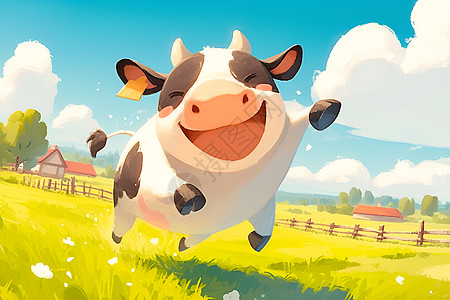 奶牛在绿草如茵的草地上奔跑图片