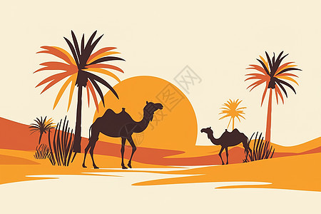 夕阳下沙漠中的骆驼图片