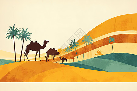 沙漠中的骆驼与棕榈树图片