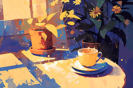 桌上的茶杯与盆栽图片